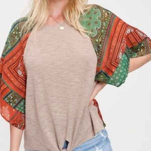 CORAL PRINT PAISLEY TIE FRONT BLOUSE